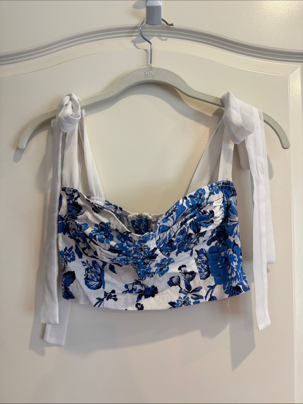 Beginning Boutique White Crop Top with Blue Floral Print and Tie Straps